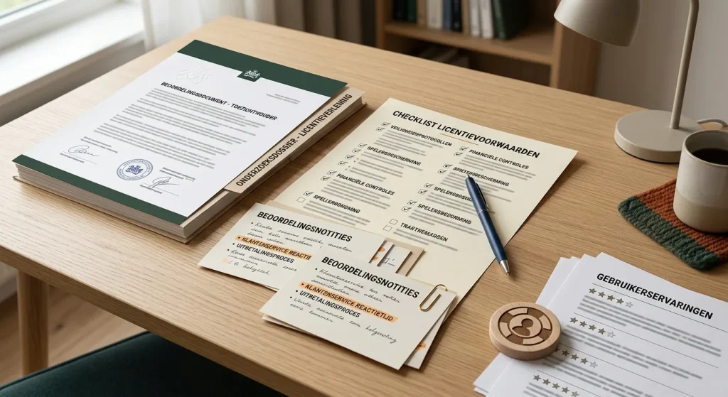 Illustratie van een bewijscheck met vergunning, reviews, support en spelersbescherming