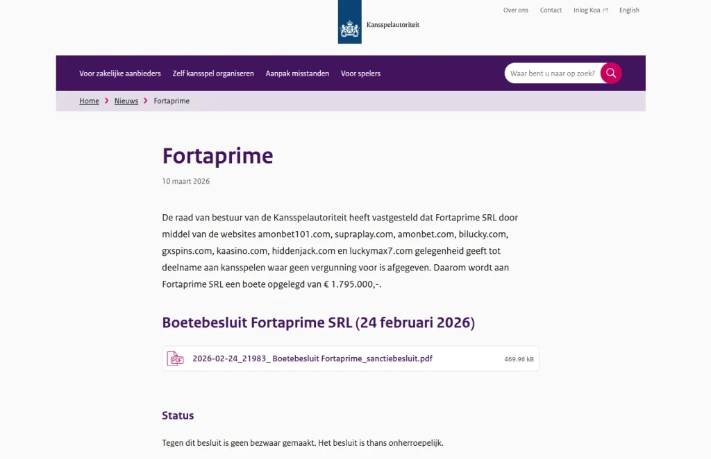 KSA-register of handhavingspagina over Lucky Max en Fortaprime