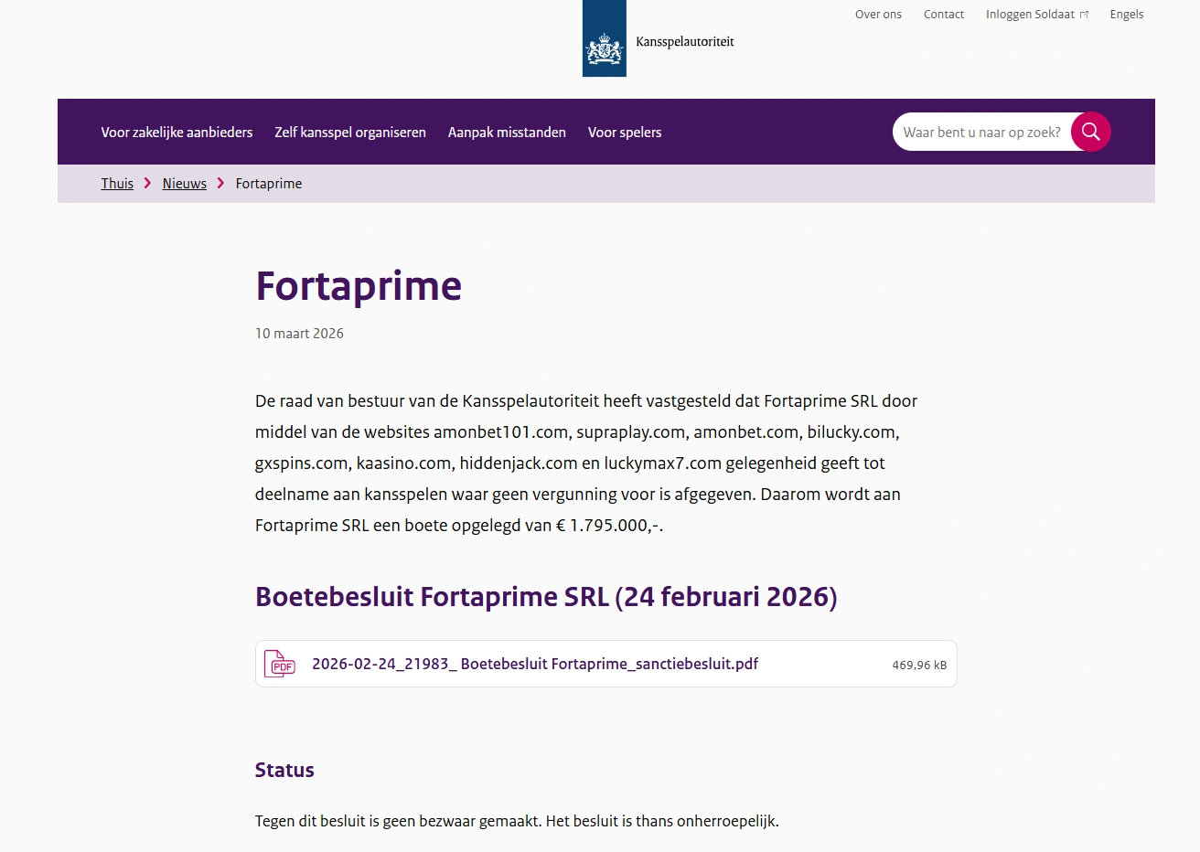 Officiële informatie van de Kansspelautoriteit over Fortaprime en Lucky Max