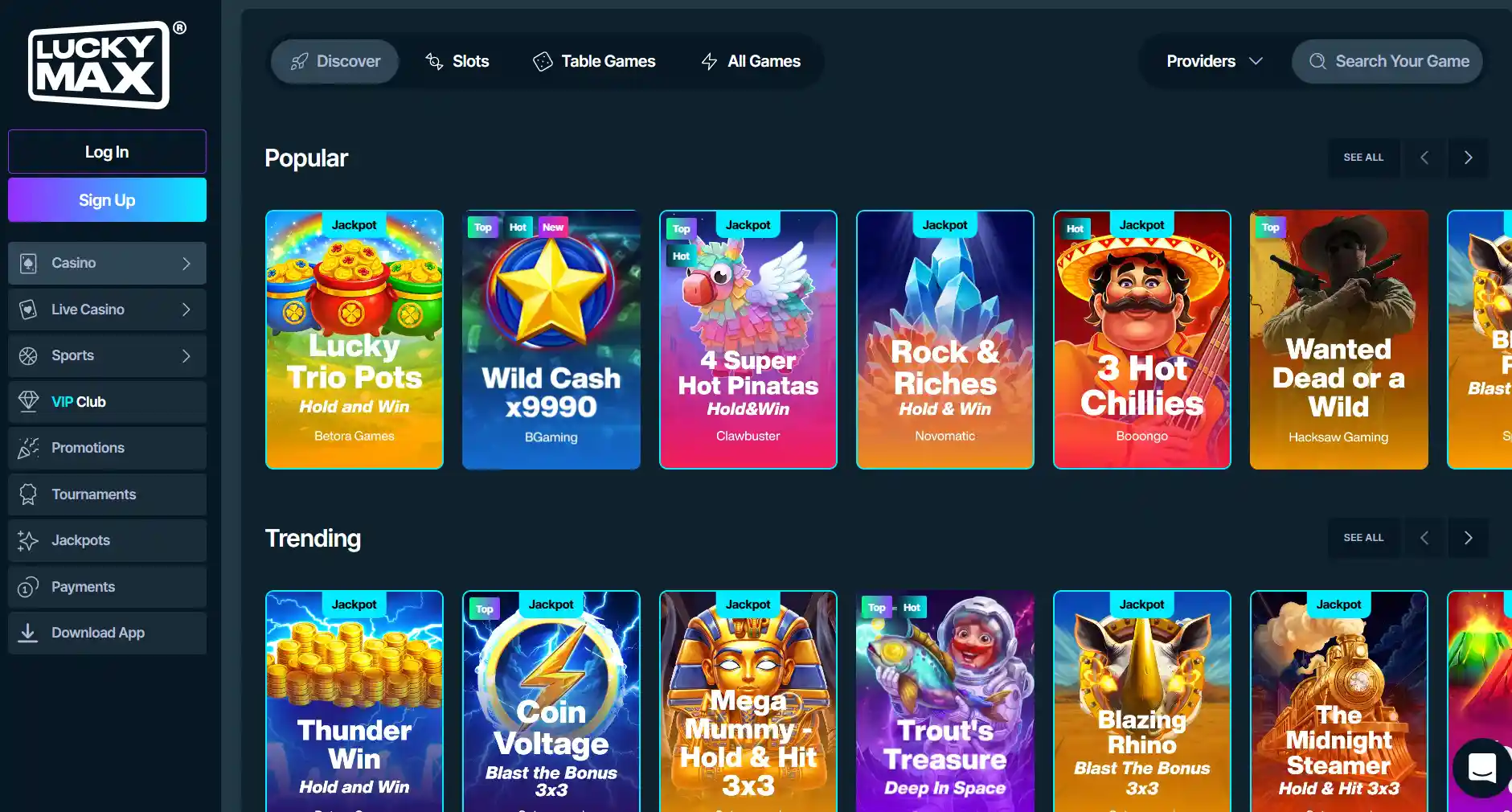 Officiële Lucky Max homepage met de bonussectie
